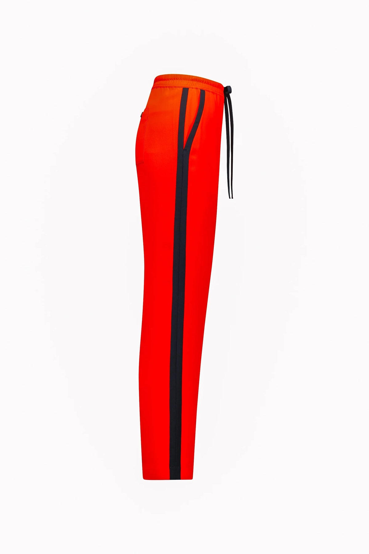 Bright orange jogger pant with black side stripe and drawstring, side view on white background