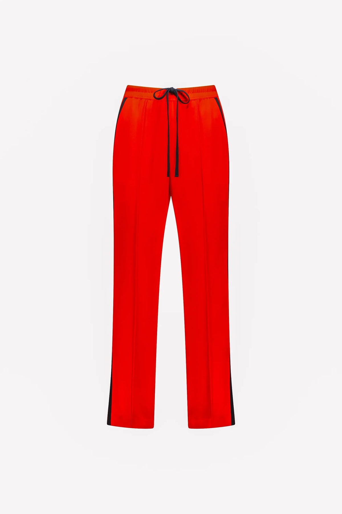 Bright orange women's pants with black drawstring and side stripe, front view on white background