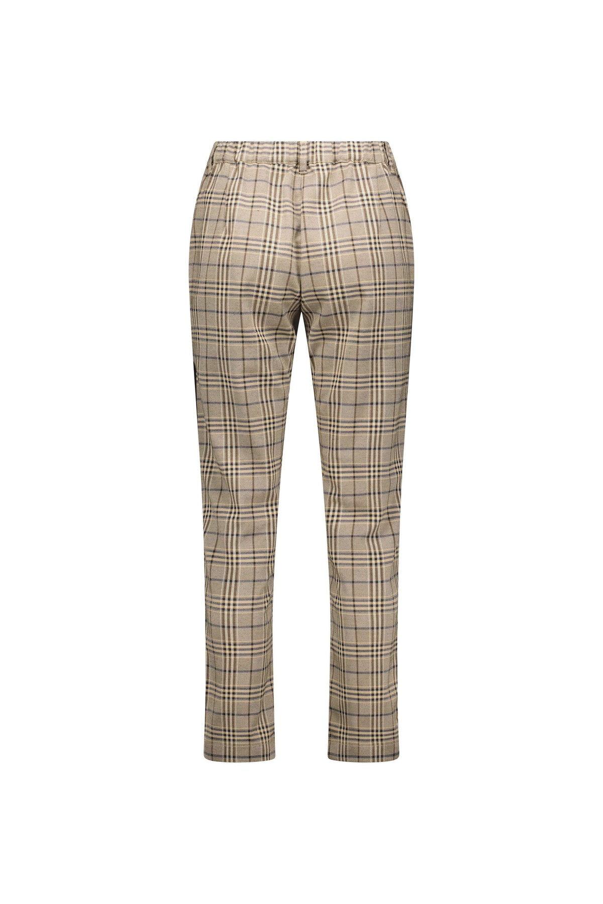 Back view of beige plaid slim-fit pants with elastic waistband, tailored check trousers