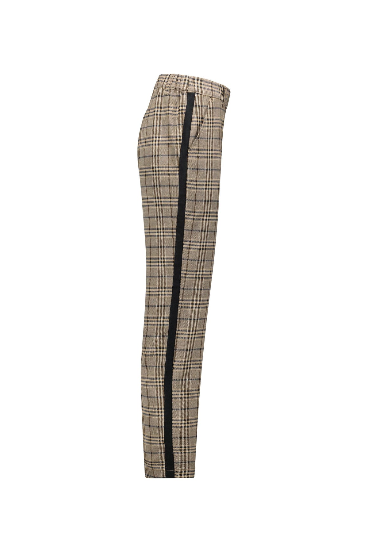 Side view of beige plaid tapered pants with black side stripe and elastic waistband
