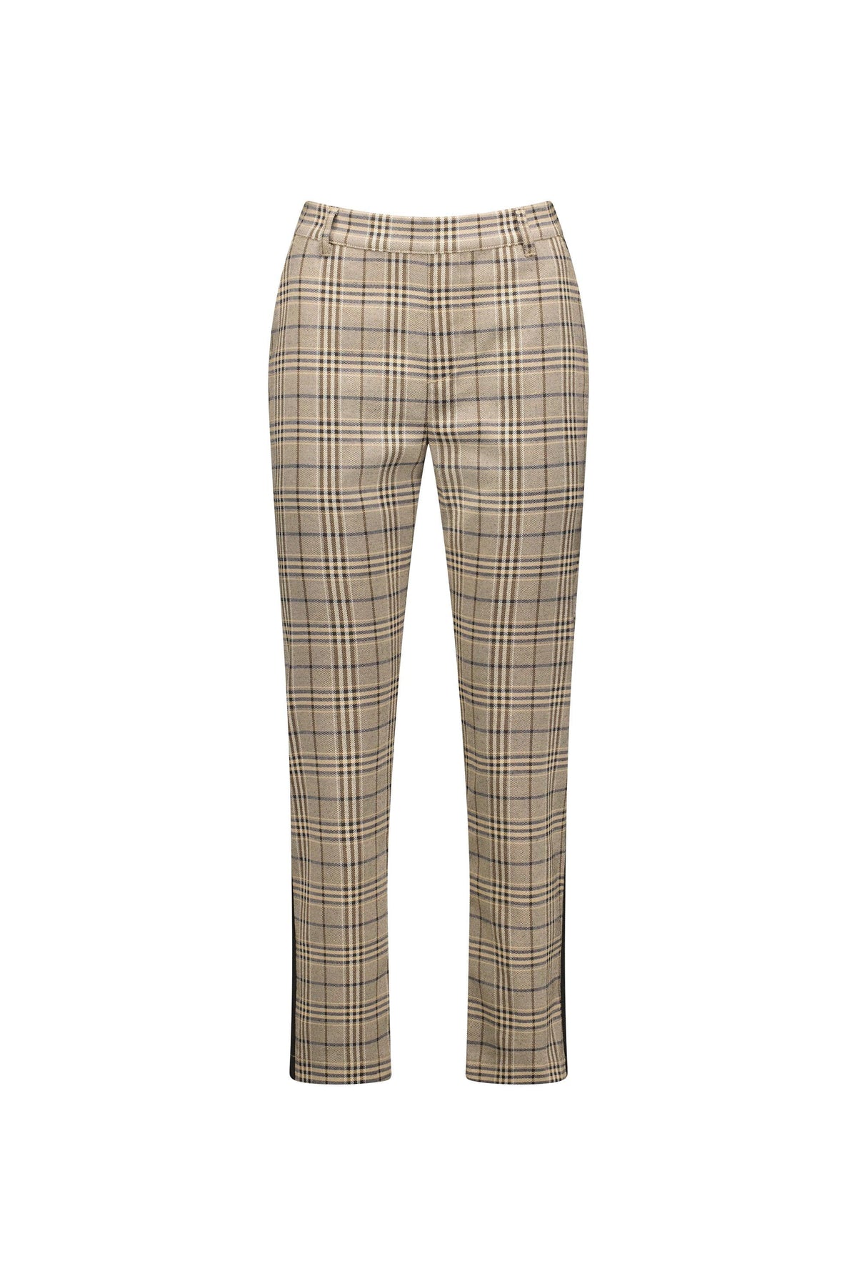 Beige plaid straight-leg trousers with belt loops and front pockets on white background