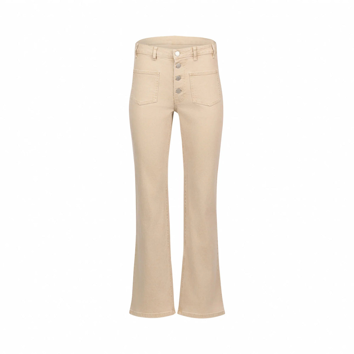 The Knewe Label Potter Jean - Oat Denim features a high waist, front patch pockets, and a button fly in stretch fabric with a flattering bootcut silhouette, shown on a plain white background.