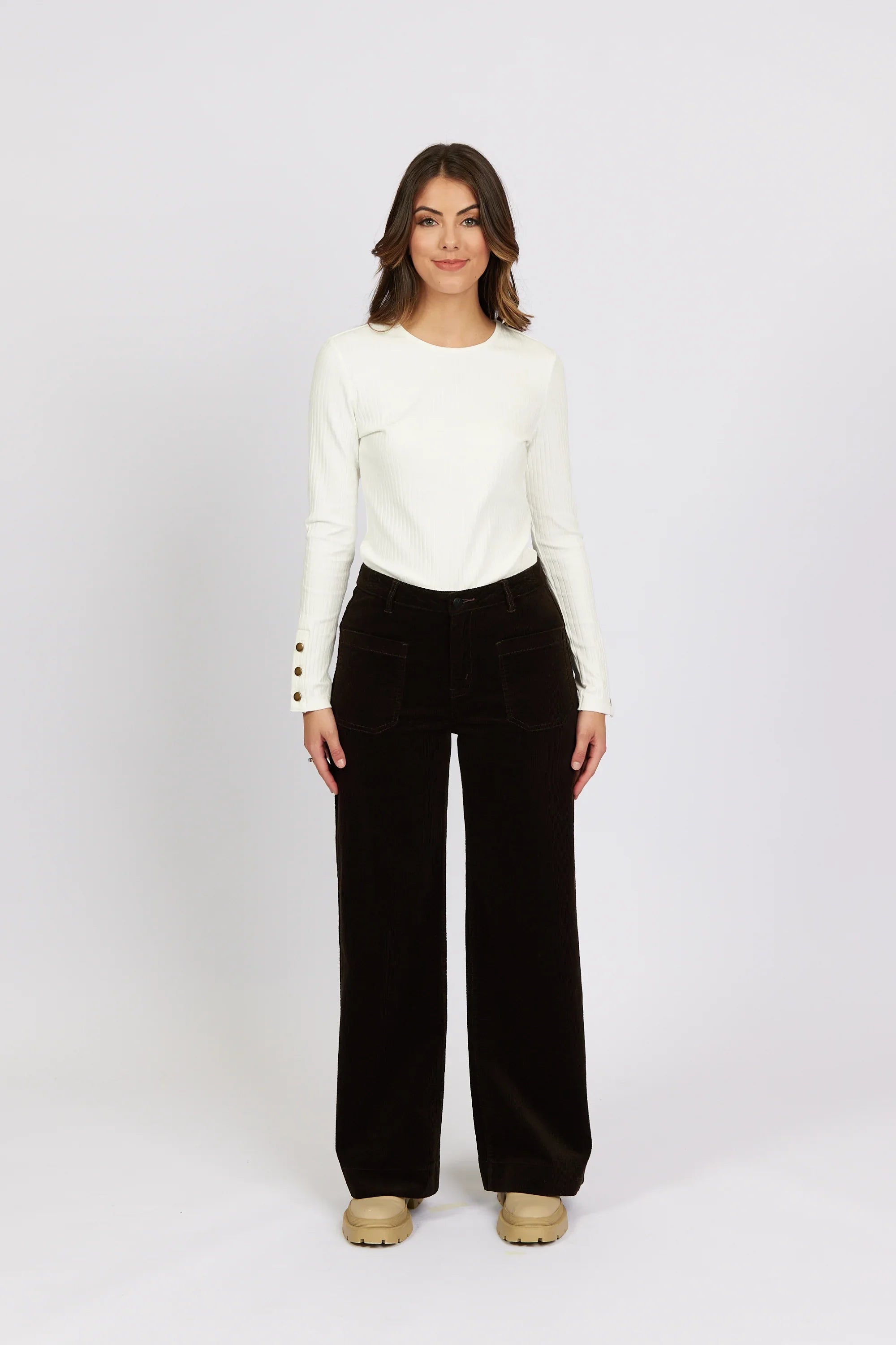KNEWE Label women's K7089C Roxie Cord in Soot - close-up fabric detail