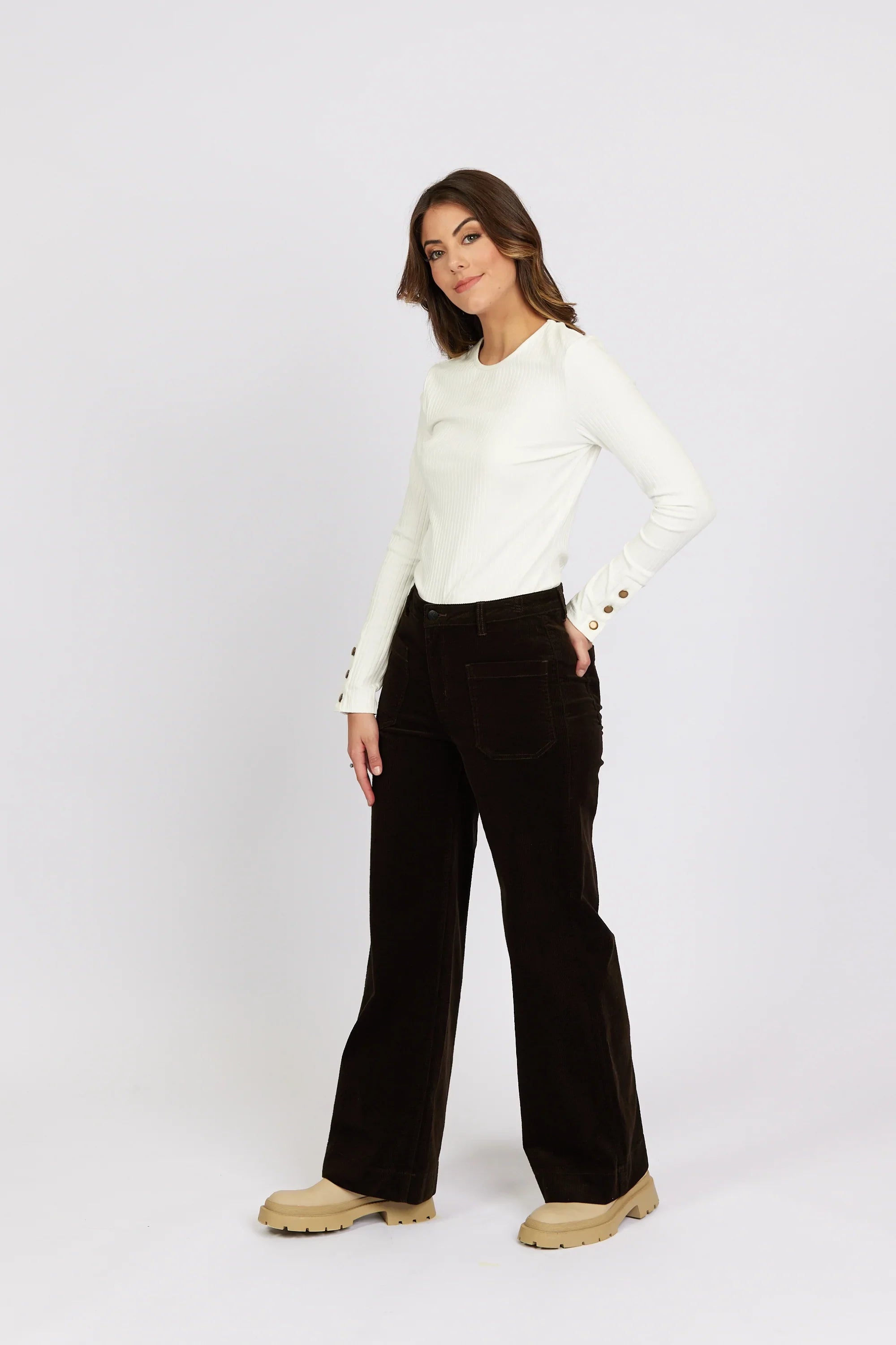 KNEWE Label women's K7089C Roxie Cord in Soot - close-up fabric detail