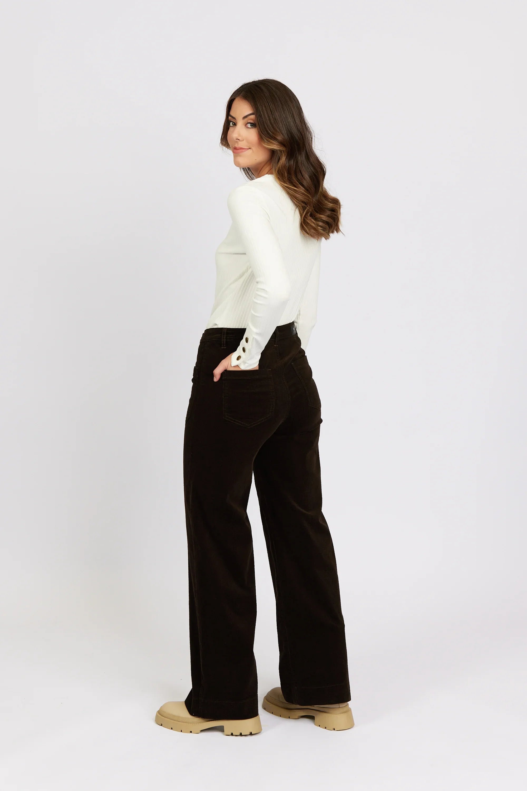 KNEWE Label women's K7089C Roxie Cord in Soot - close-up fabric detail