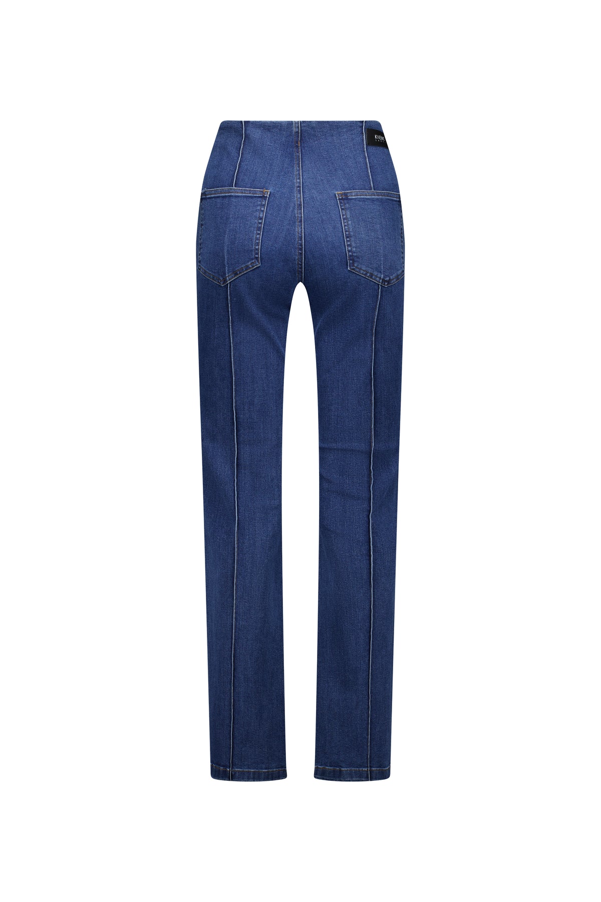 The Knewe Label Haze Jean - Indigo is shown from the back, featuring two large back pockets, visible seams, and a straight-leg cut in stretch denim against a white background.