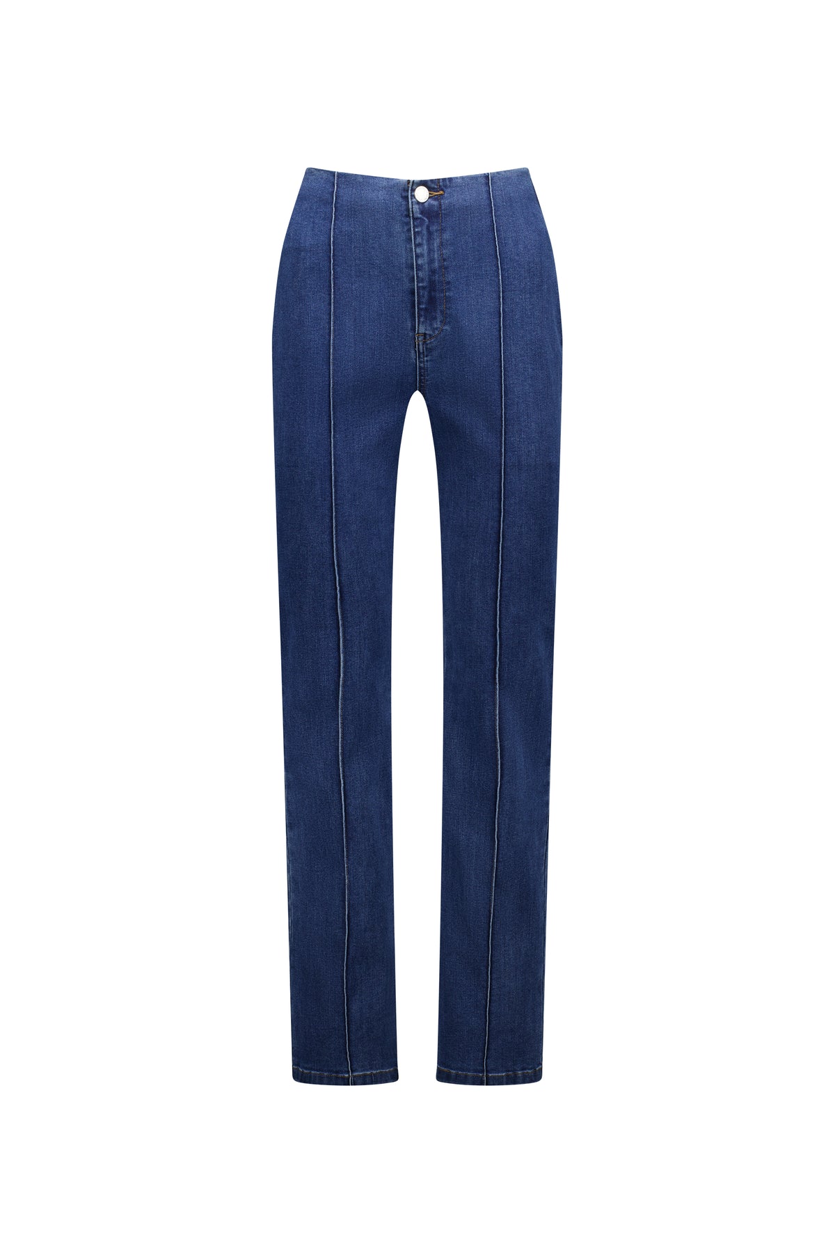 The Knewe Label Haze Jean - Indigo features a high waist, straight-leg fit, central seam detail, visible white stitching, and front button. Made from comfortable stretch denim and shown on a white background.