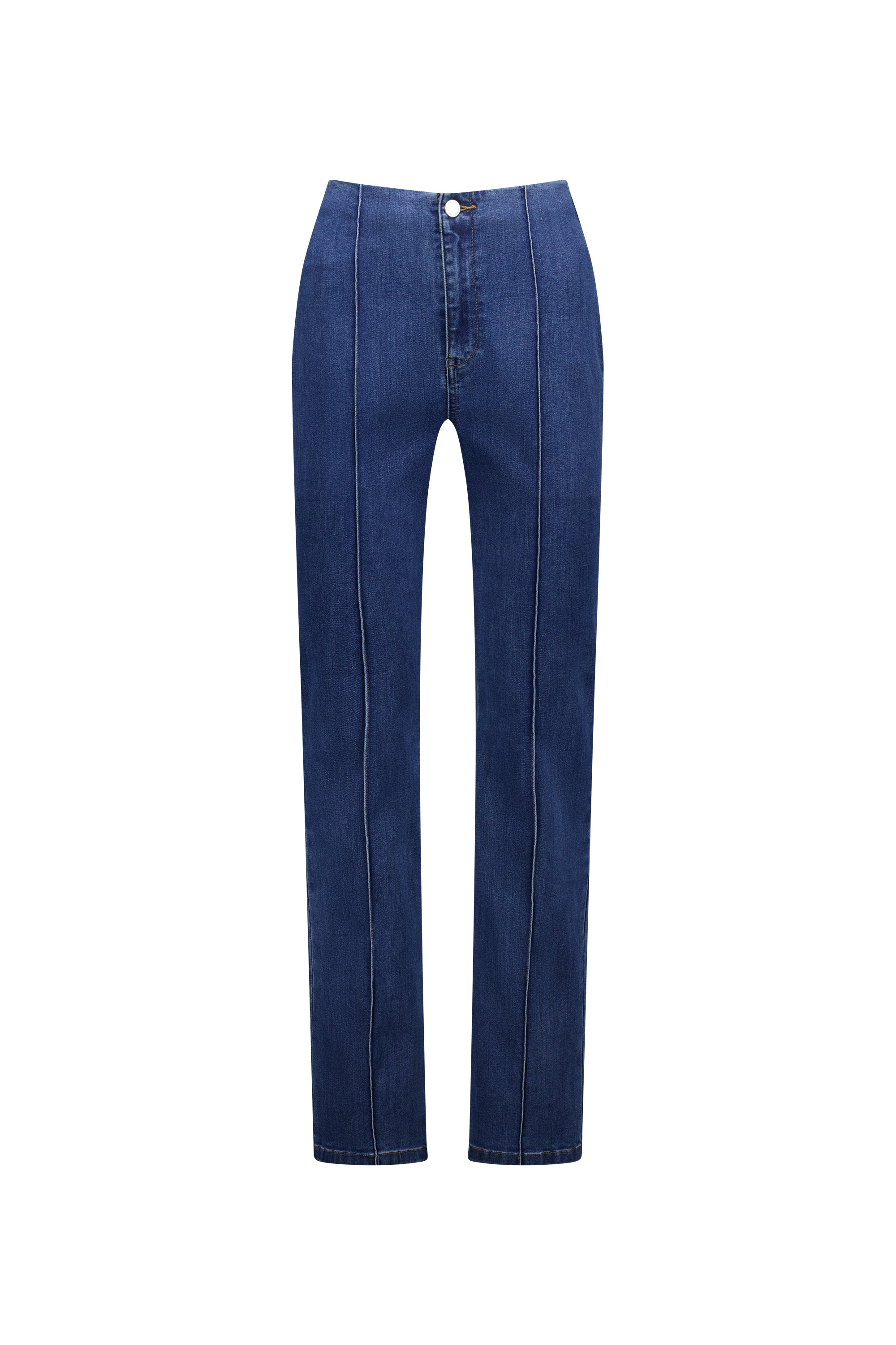 The Knewe Label Haze Jean - Indigo features a high waist, straight-leg fit, central seam detail, visible white stitching, and front button. Made from comfortable stretch denim and shown on a white background.