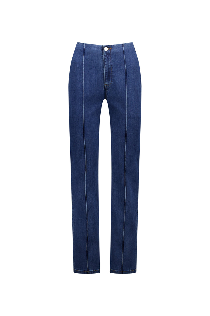 The Knewe Label Haze Jean - Indigo features a high waist, straight-leg fit, central seam detail, visible white stitching, and front button. Made from comfortable stretch denim and shown on a white background.