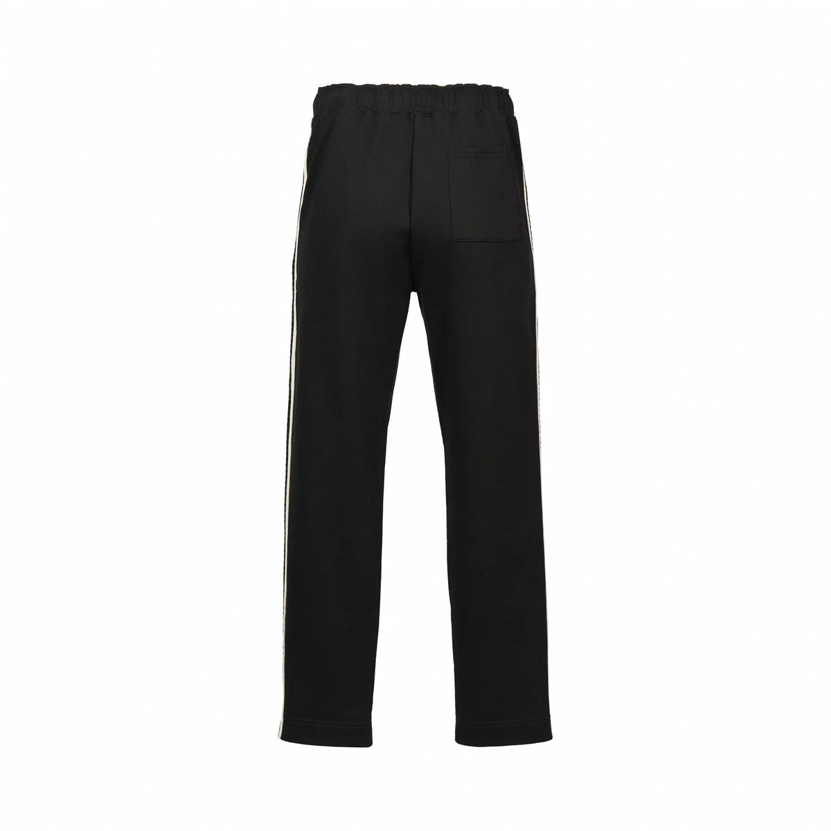 Back view of black straight-leg pants with elastic waistband and rear pocket