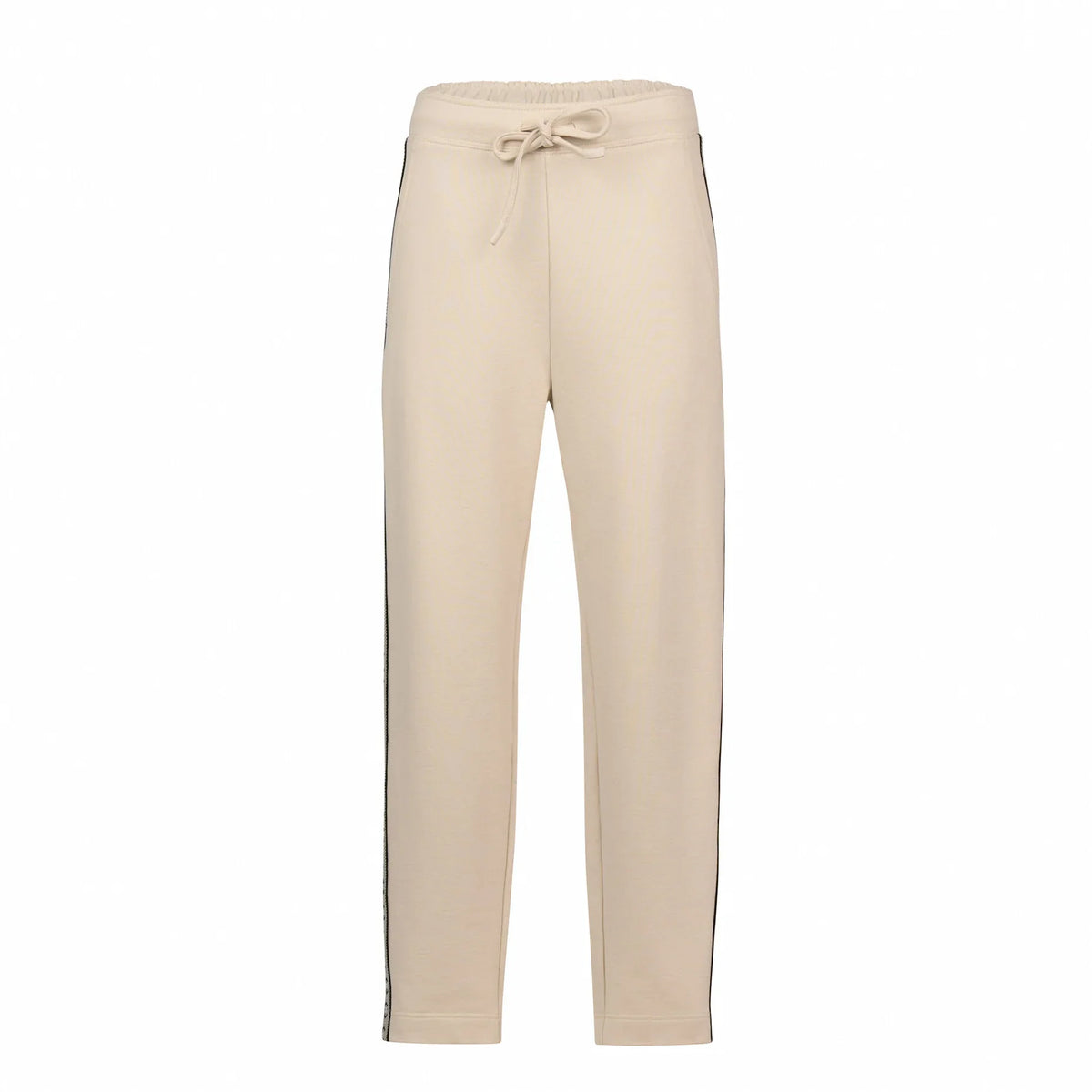 Women's stone beige drawstring pants with side stripe detail, front view, on white background