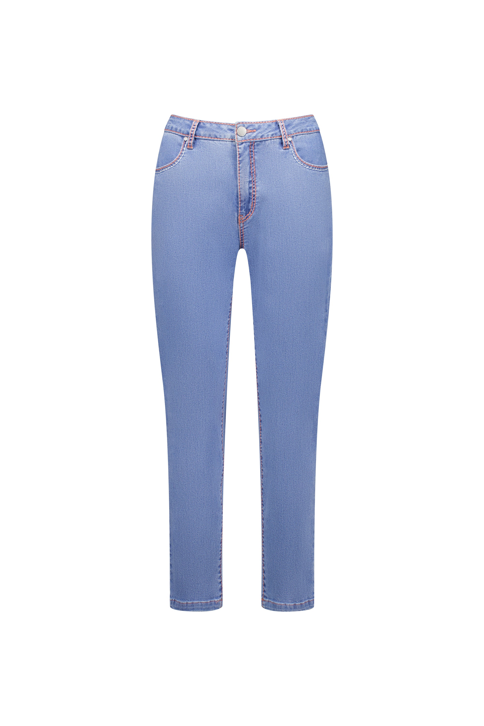 Flat lay front view of the Knewe Label Switch Jean in palm blue stretch denim, showing the straight-leg ankle-grazer silhouette, contrast pink stitching, functional front pockets and silver metal button closure against a white background.