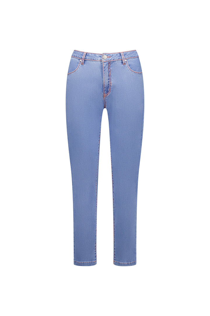 Flat lay front view of the Knewe Label Switch Jean in palm blue stretch denim, showing the straight-leg ankle-grazer silhouette, contrast pink stitching, functional front pockets and silver metal button closure against a white background.