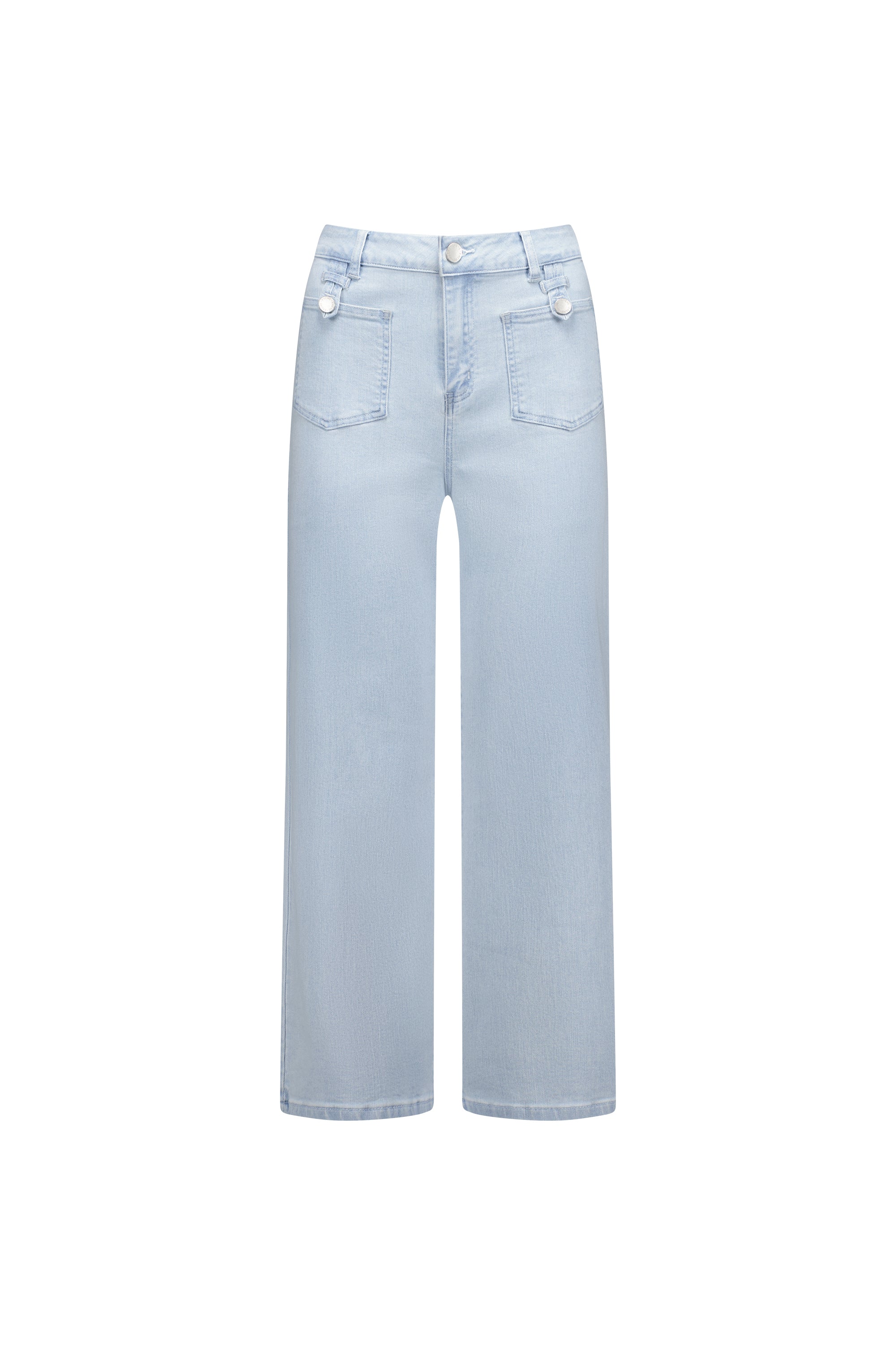 Flat lay front view of the Knewe Label Club Jean in light wash stretch denim, showing the wide-leg cropped silhouette, front patch pockets with metal button tab detailing and silver button closure against a white background.