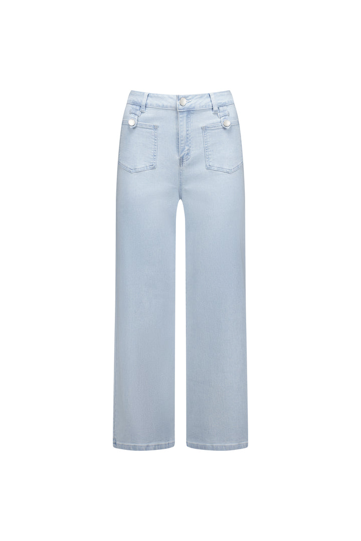 Flat lay front view of the Knewe Label Club Jean in light wash stretch denim, showing the wide-leg cropped silhouette, front patch pockets with metal button tab detailing and silver button closure against a white background.