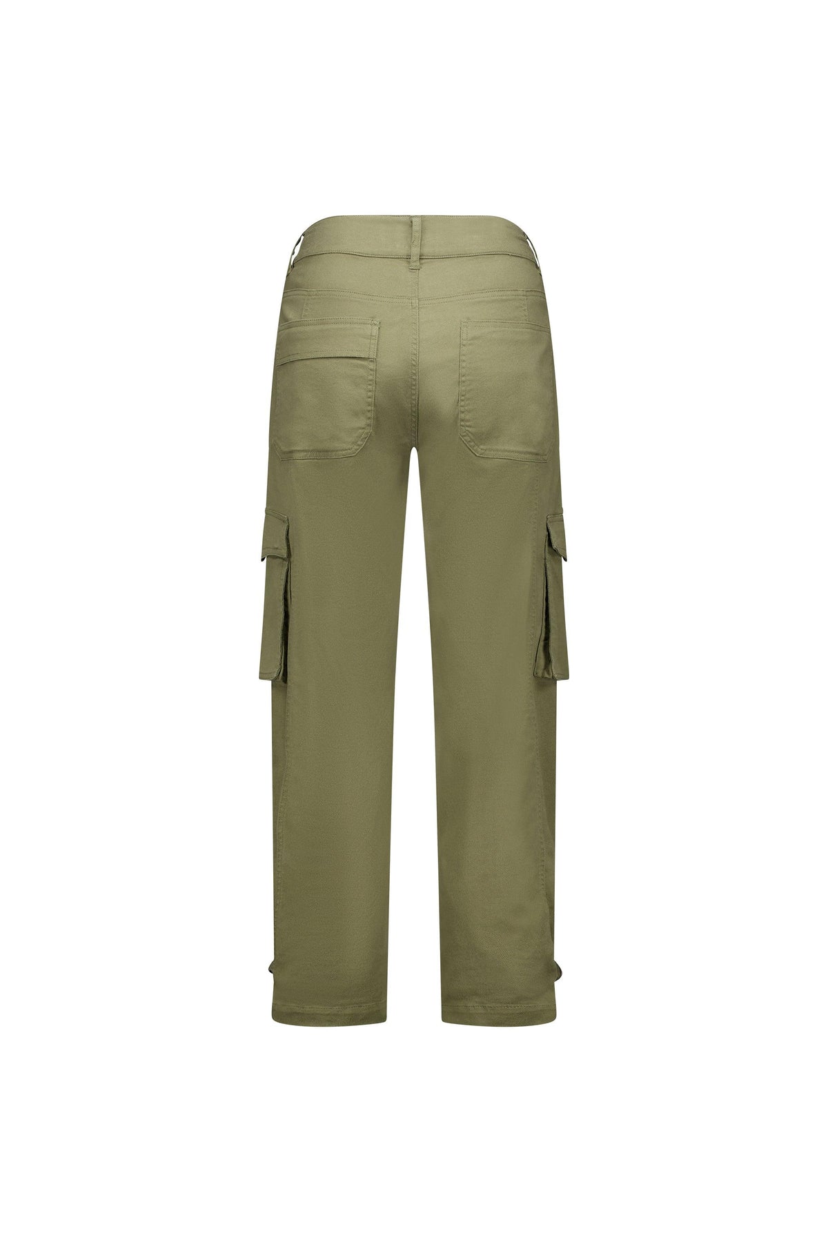Back view of khaki cargo pants with flap pockets and relaxed fit, on white background