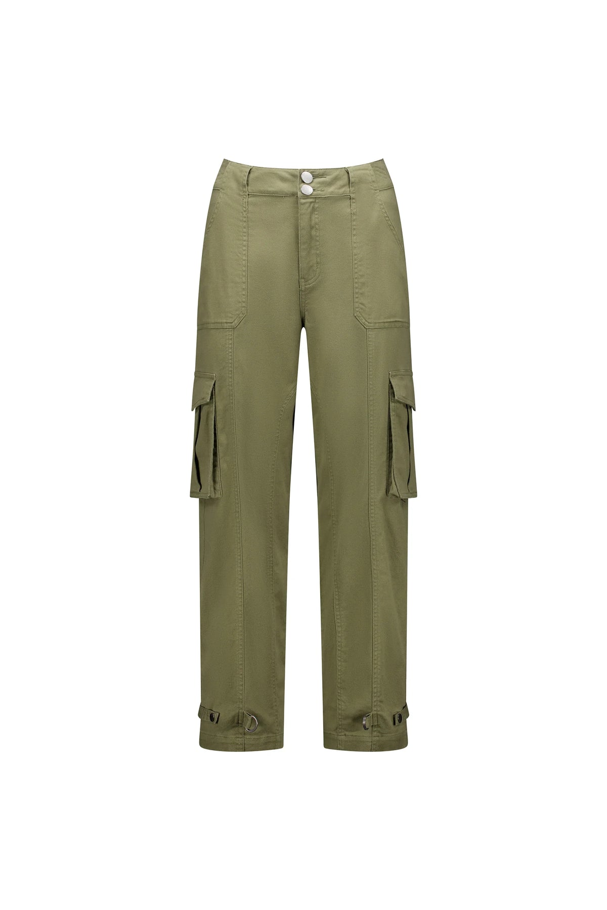 Khaki cargo pants with side pockets, front buttons, and relaxed straight-leg fit