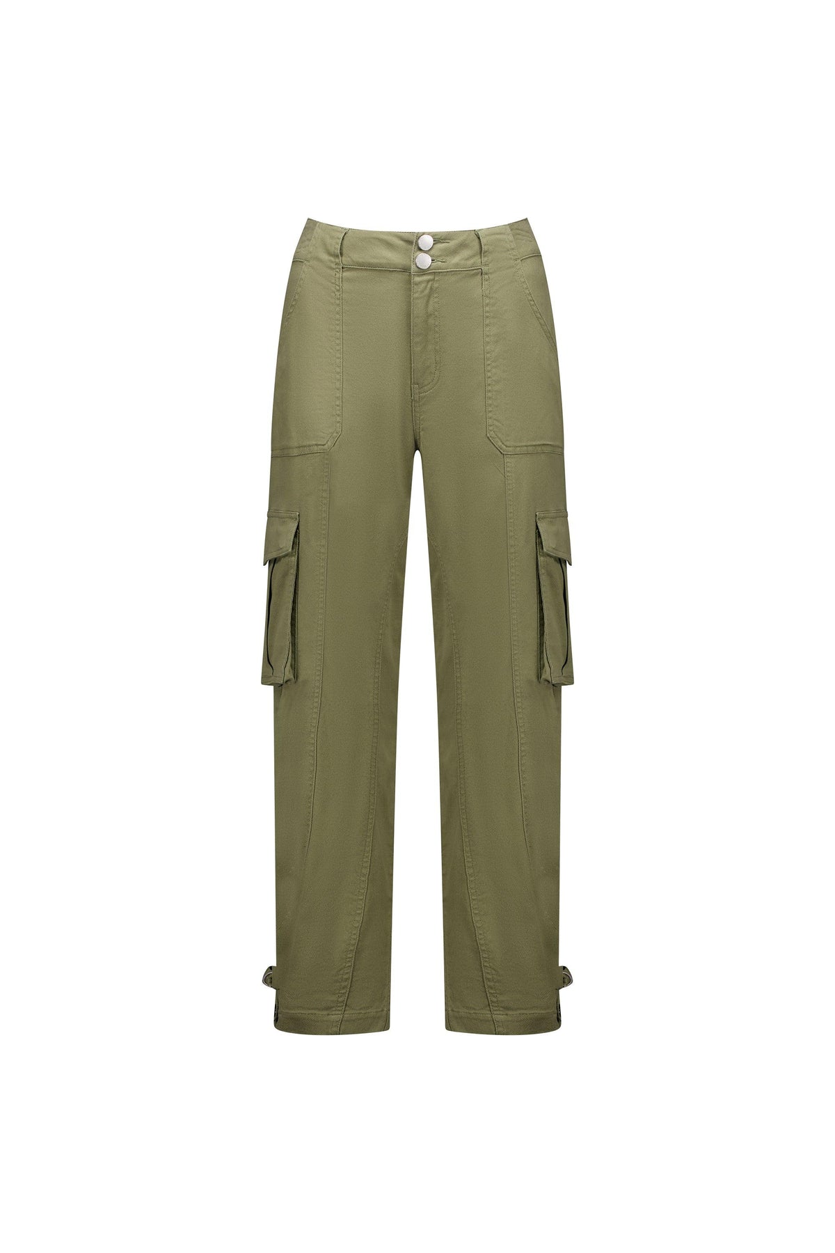 Front view of khaki cargo pants with flap pockets and double button waist, isolated on white
