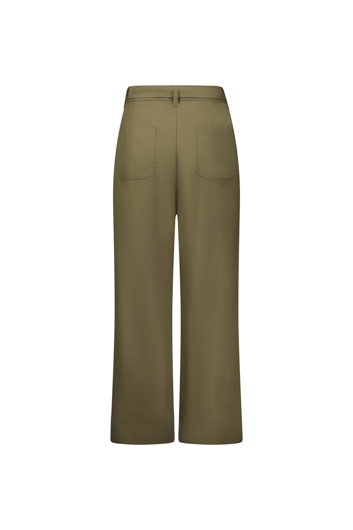 Back view of khaki wide-leg pants with patch pockets on white background