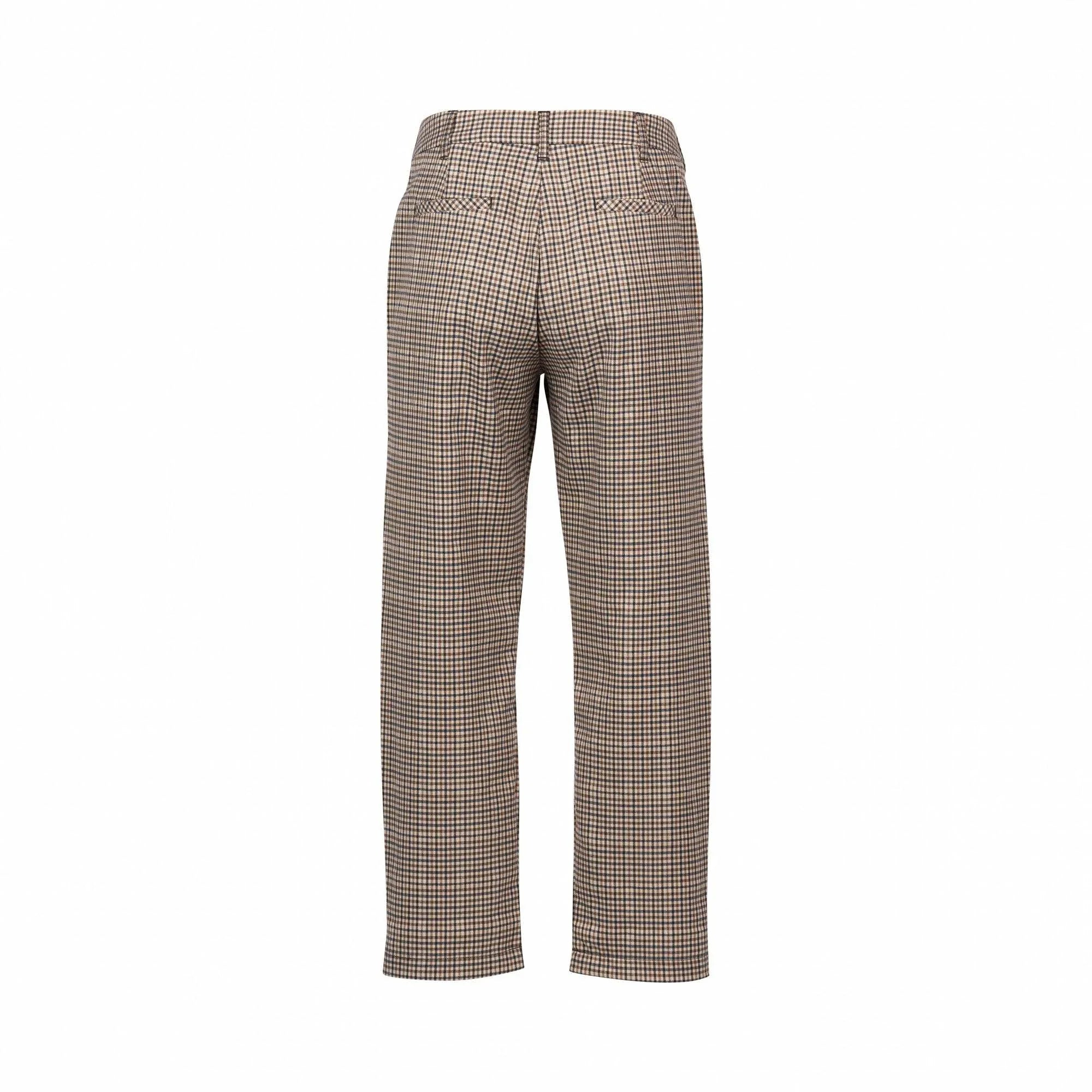 Back view of high-waisted straight-leg checked pants in brown and beige on white background