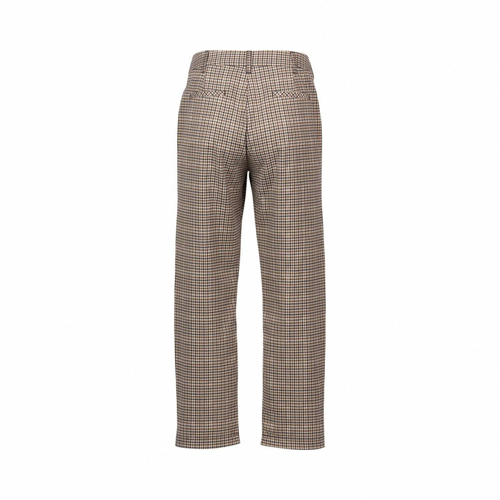Back view of high-waisted straight-leg checked pants in brown and beige on white background