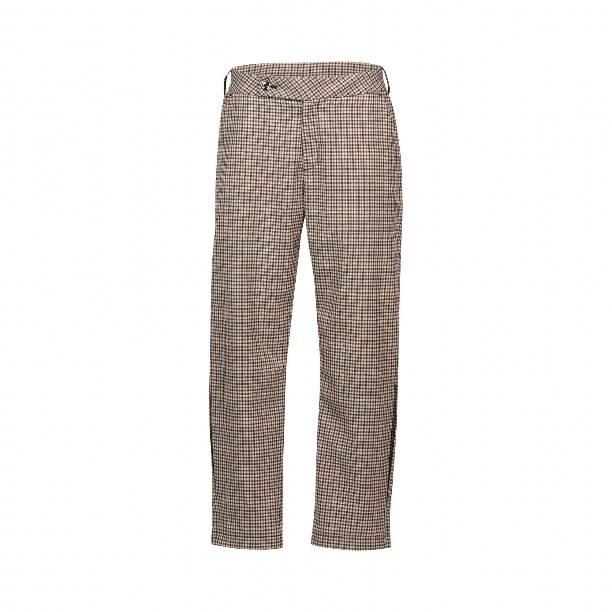 Front view of brown check patterned straight-leg tailored pants on white background