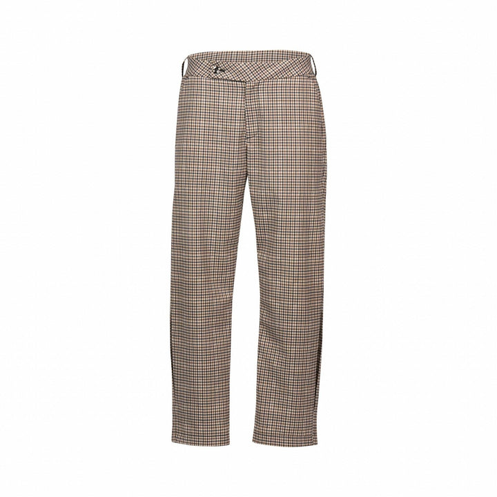 Front view of brown check patterned straight-leg tailored pants on white background