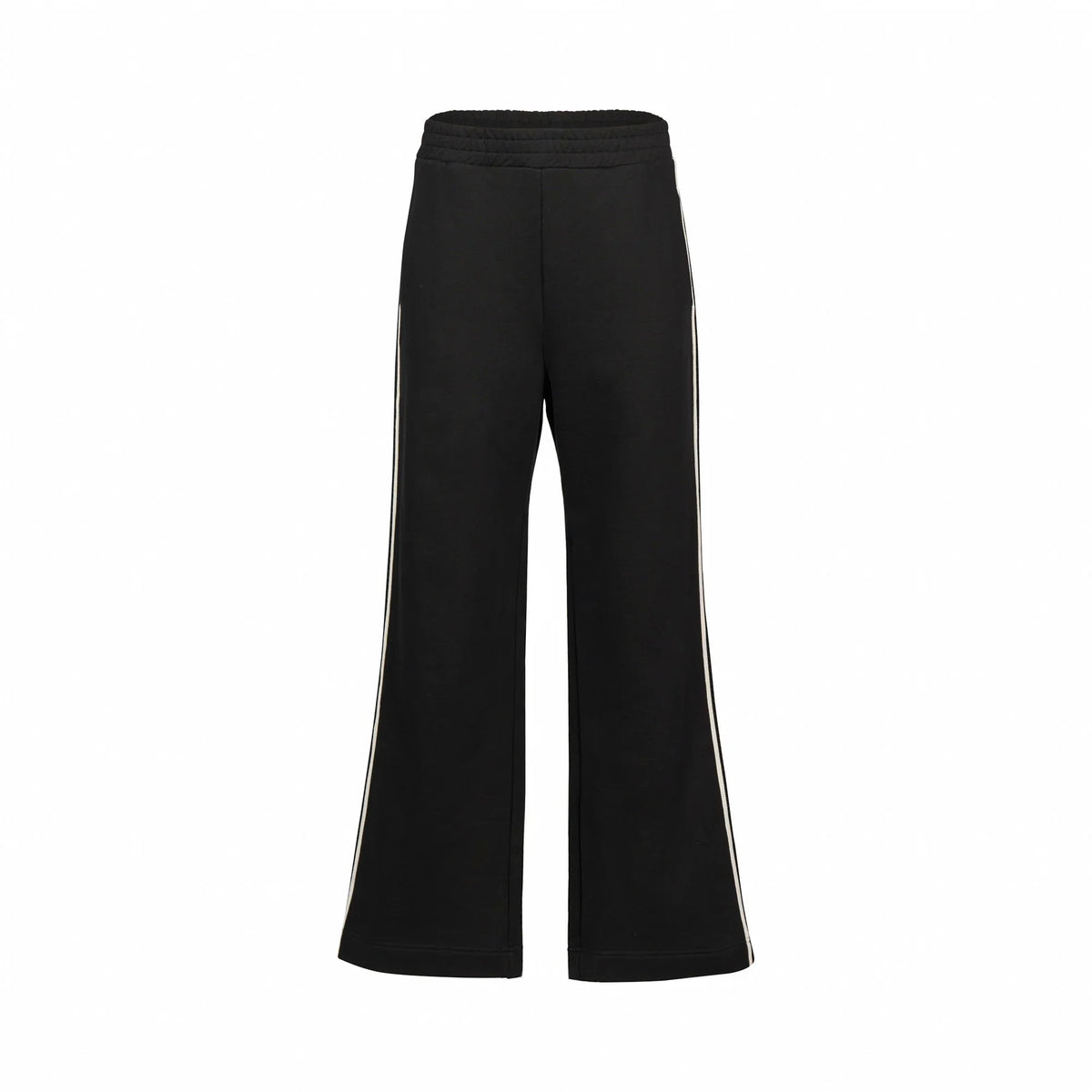 Black wide leg pants with white side stripes and elastic waistband on white background