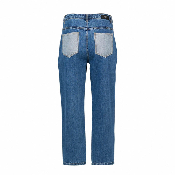 Back view of blue denim straight leg jeans with contrast pockets on white background
