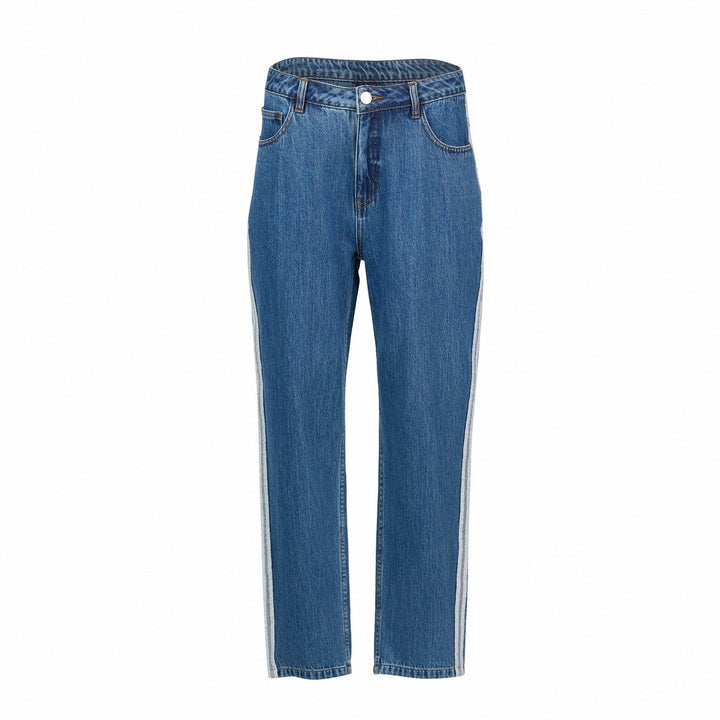 Straight leg blue denim jeans with high waist and white side stripe detail on white background