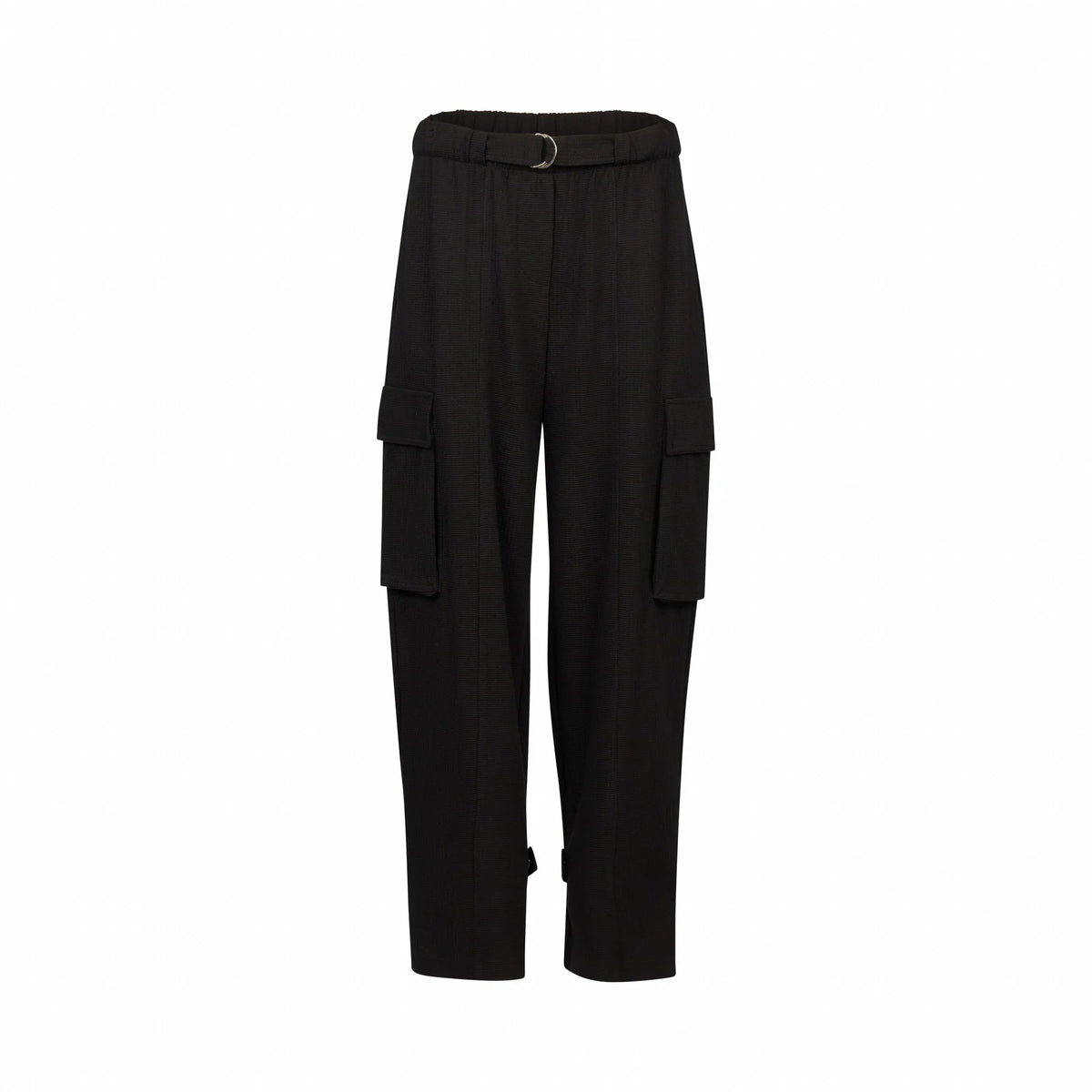 Black cargo pants with belt, front view, featuring large side pockets and straight leg fit