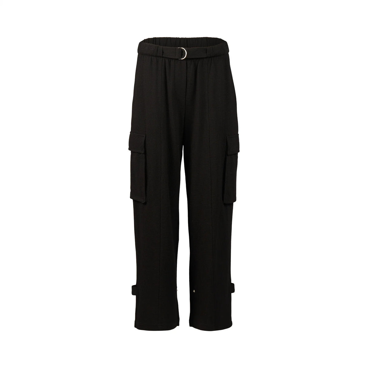 Black cargo pants with side pockets and a D-ring belt, displayed on white background