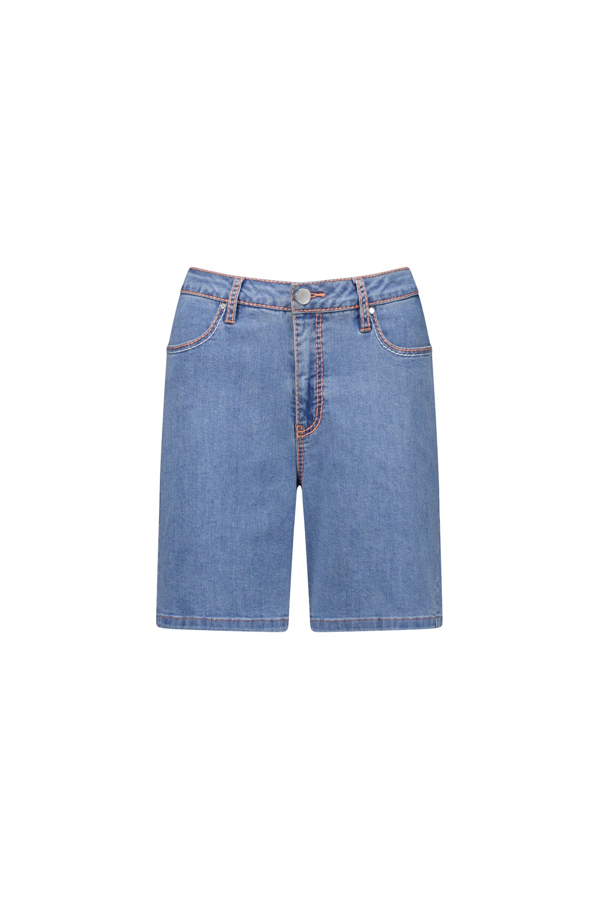 Flat lay front view of the Knewe Label Switch Short in palm blue stretch denim, showing the straight-leg silhouette, front cutaway pockets, metal button closure and contrast pink stitching detail against a white background.