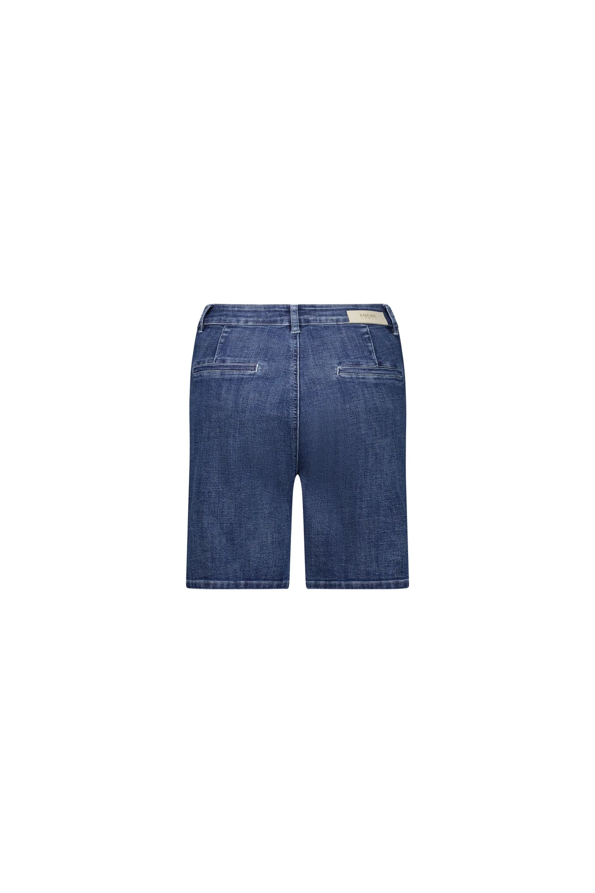 Back view of mid-wash denim shorts with welt pockets and belt loops on white background