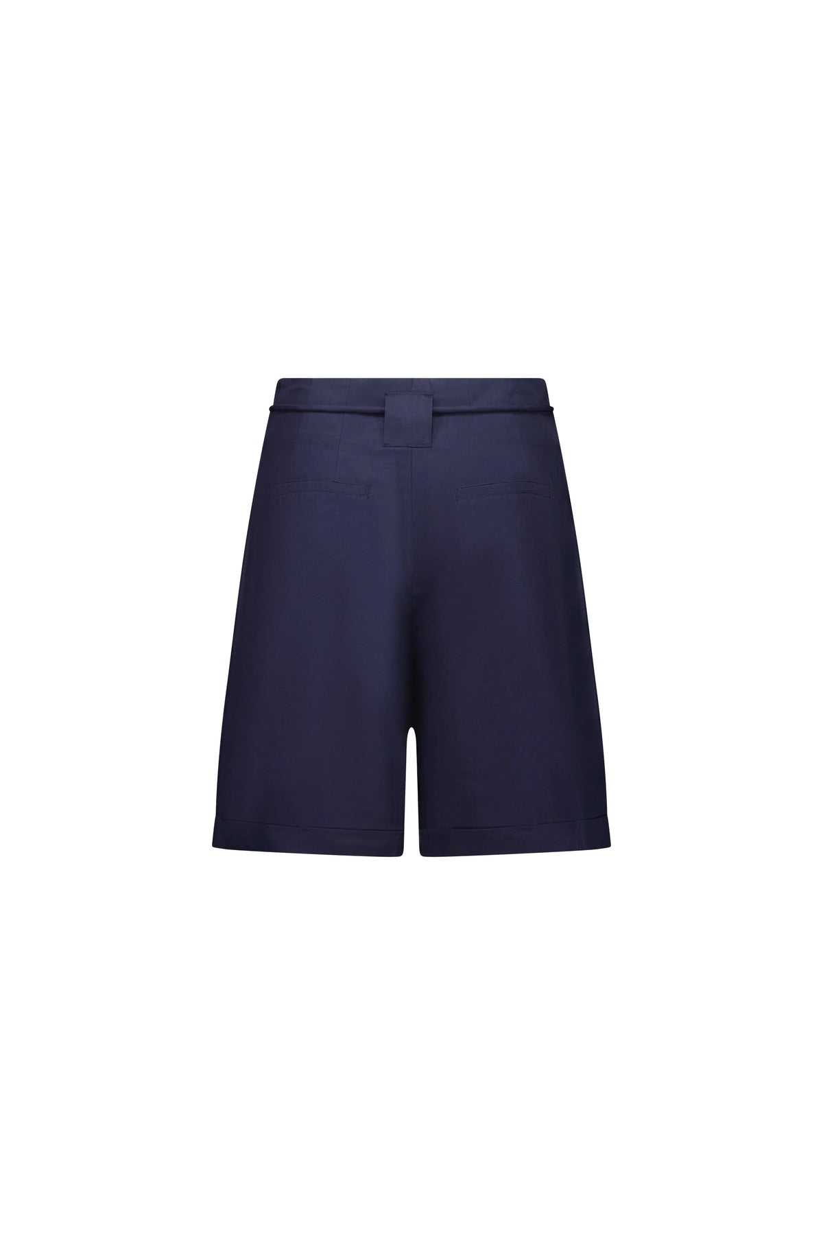 Back view of women's navy blue tailored shorts with belt loops and welt pockets