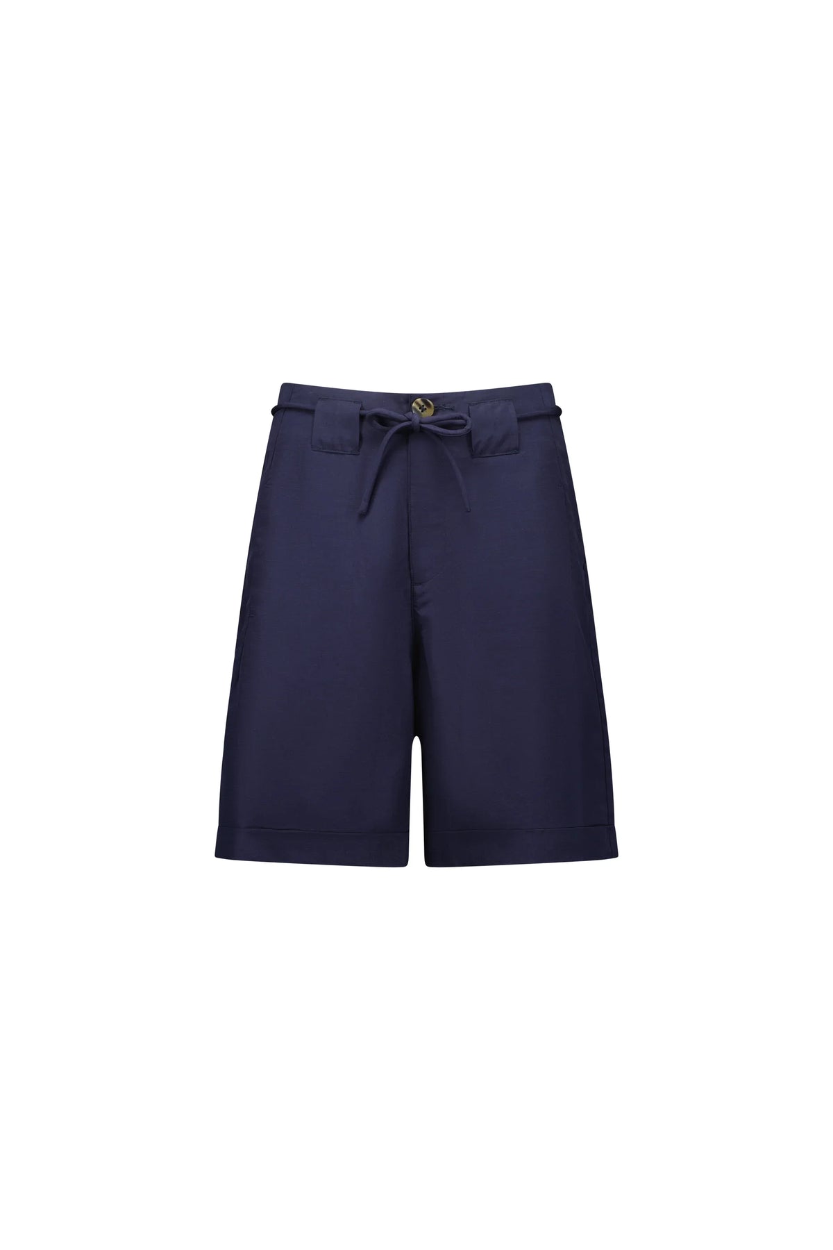 navy blue women’s shorts with drawstring waist and button detail, front view