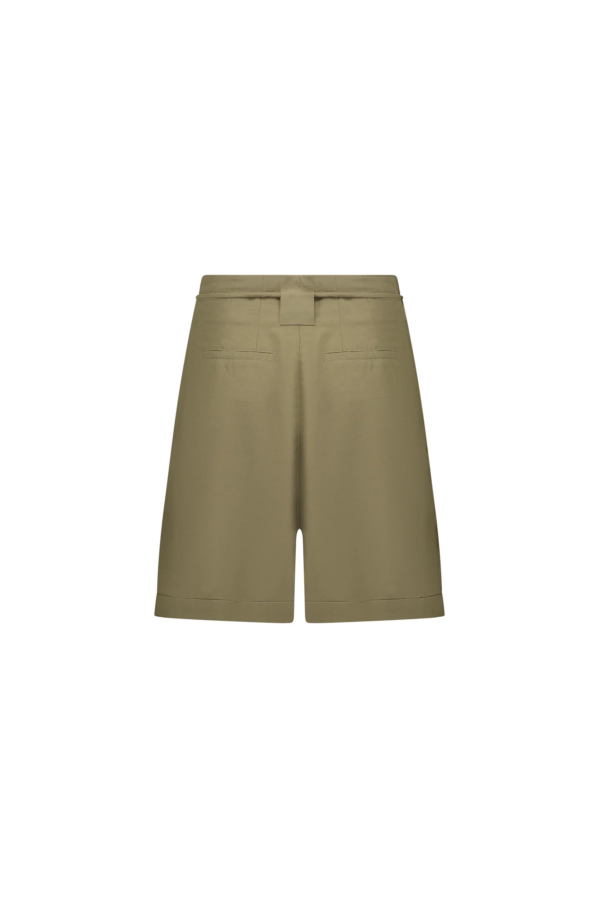 Back view of khaki tailored shorts with belt loops and welt pockets
