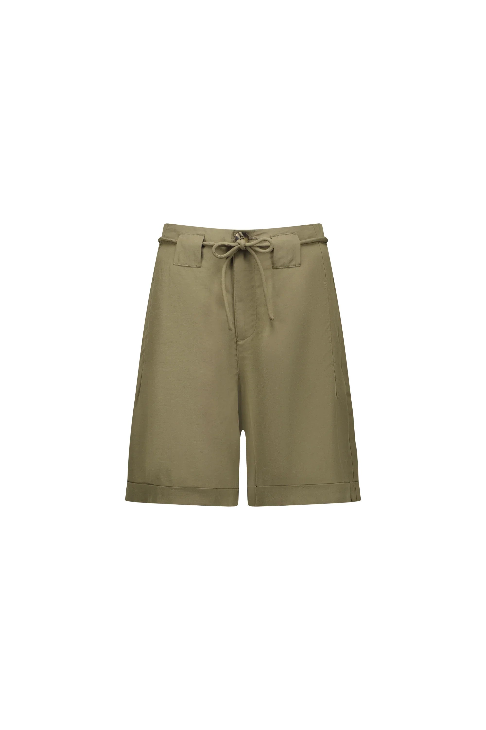 Khaki women’s shorts with front tie belt and pockets, minimalist contemporary design