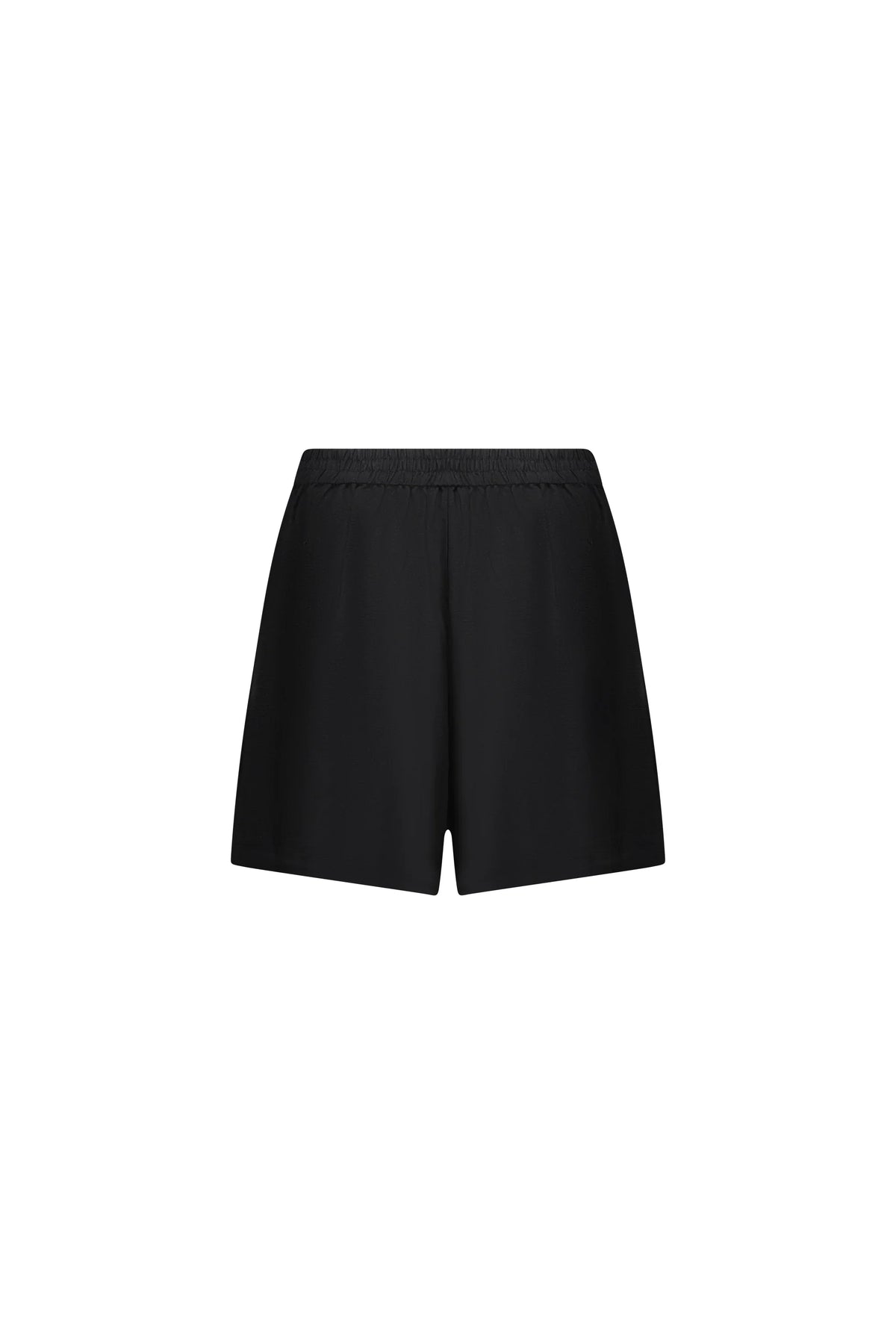 Back view of black women's shorts with elastic waistband on white background