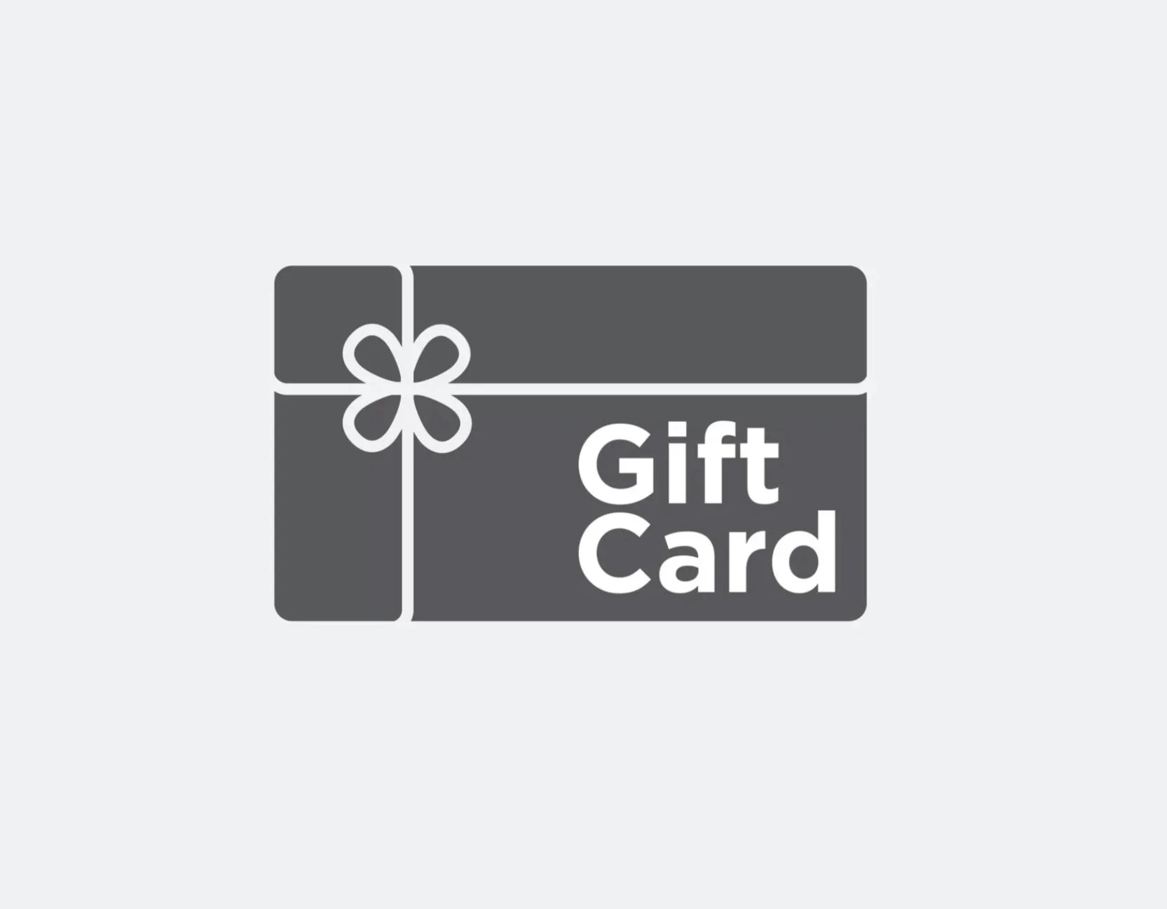 Grey gift card icon with bow and bold text on a light background