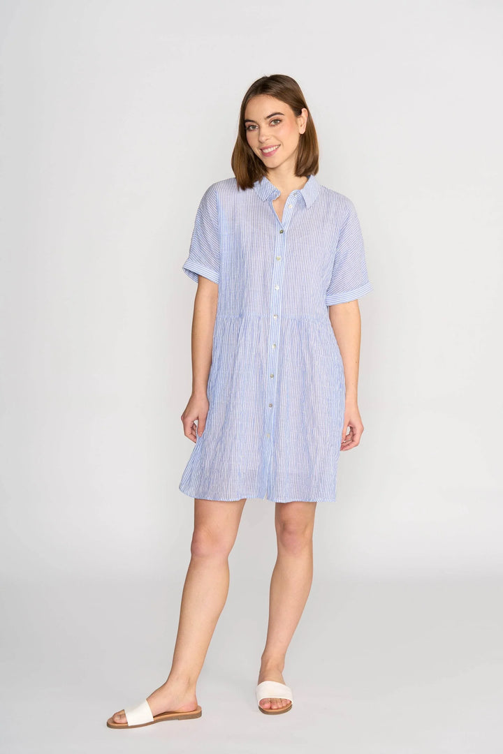 Woman wearing blue and white striped button-up short sleeve cocoon dress