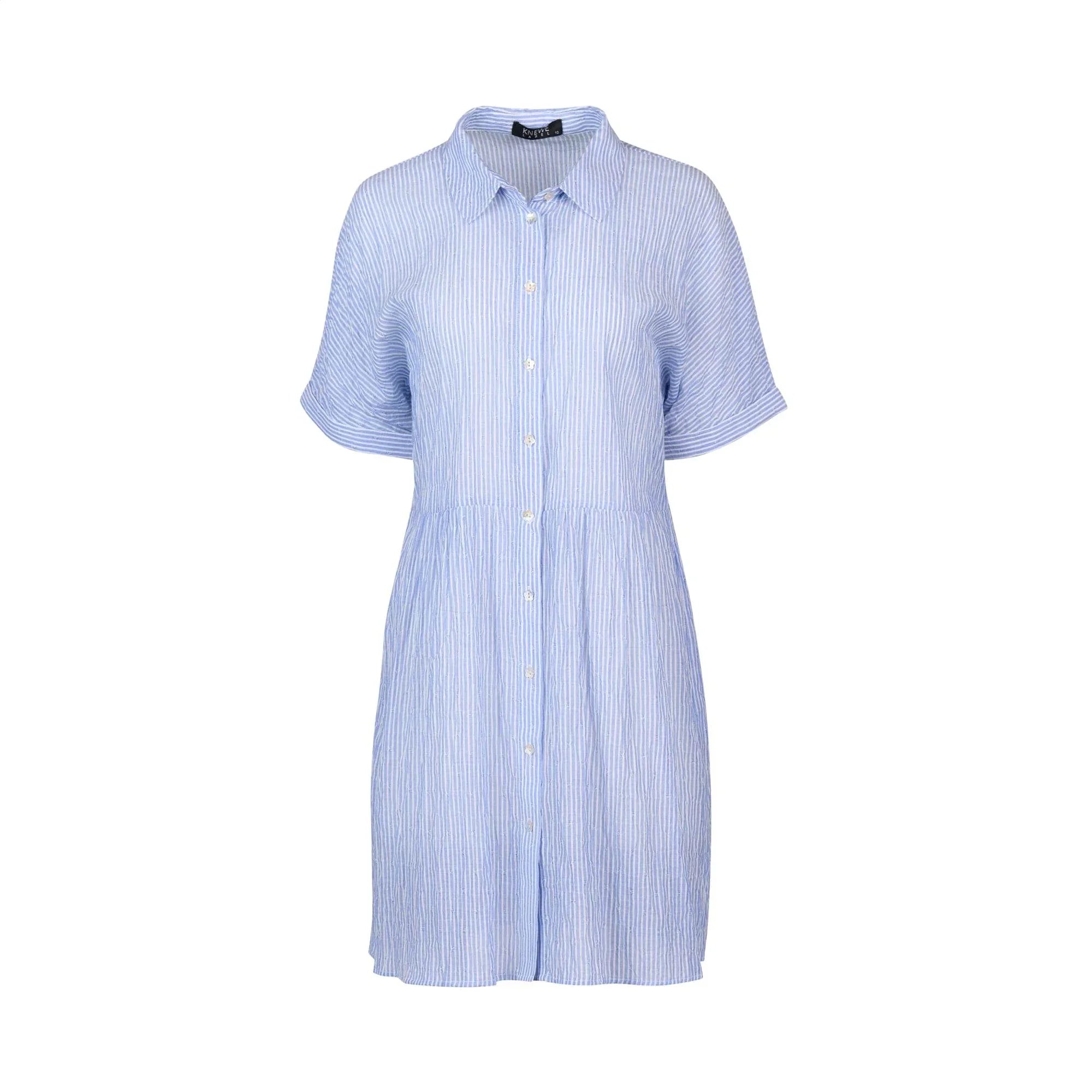 Blue and white striped button-up cocoon dress with short sleeves and a collar on white background
