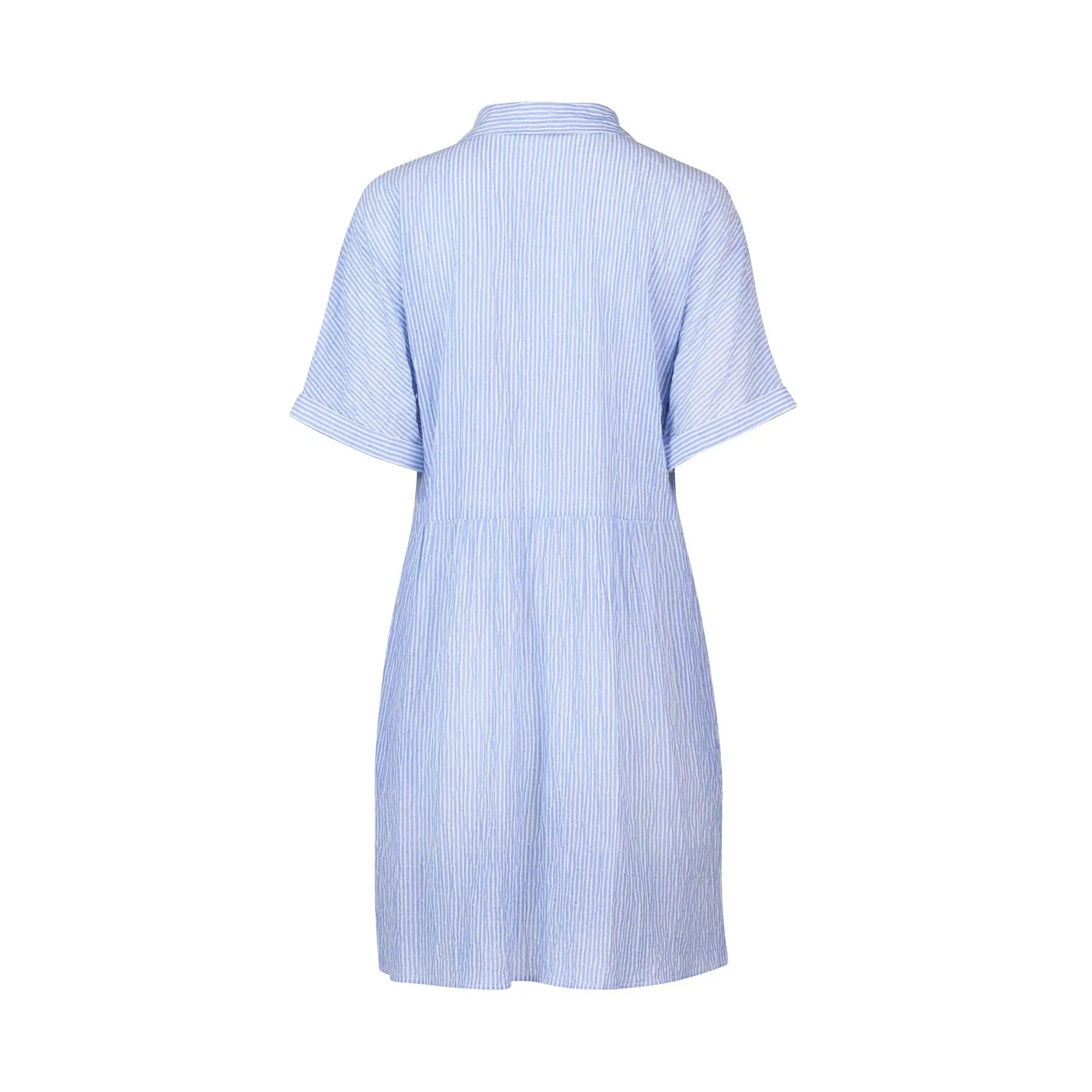 Back view of light blue and white striped cocoon dress with short sleeves
