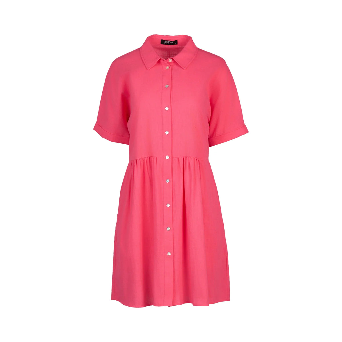 Raspberry pink cocoon dress with short sleeves and button front, contemporary women’s fashion