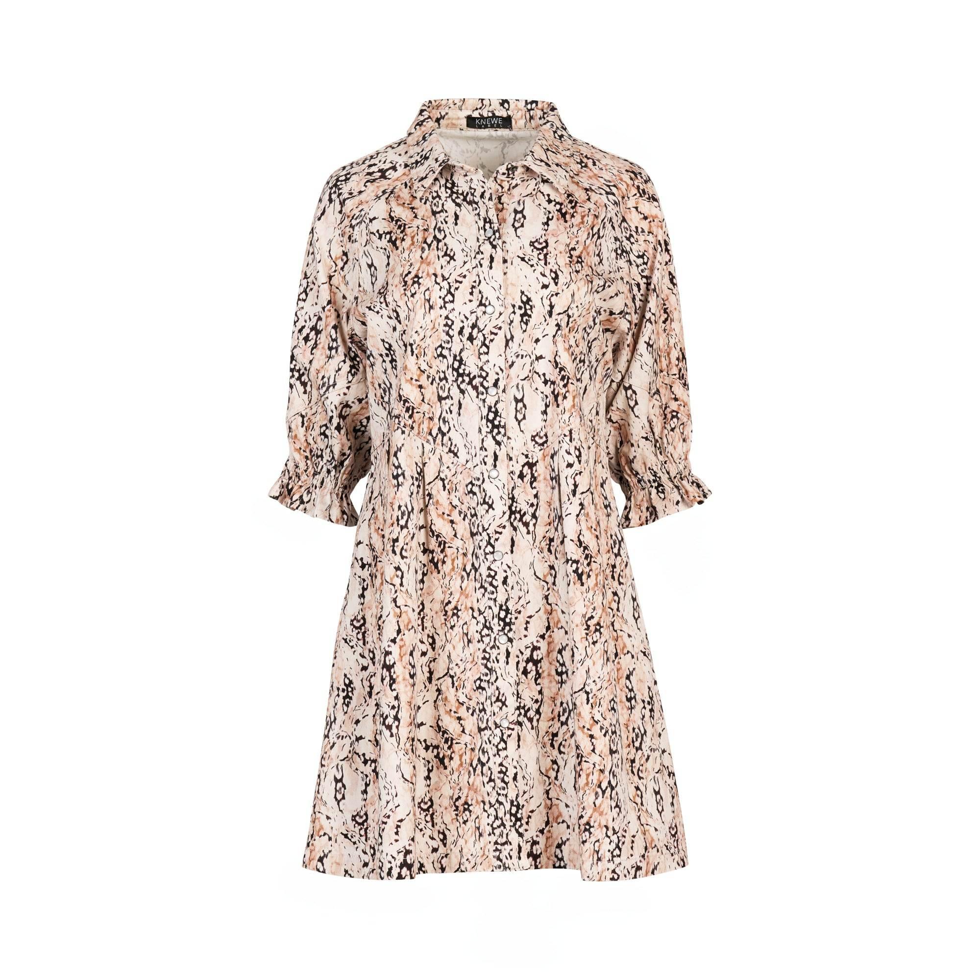 Short-sleeve collared dress with beige and black abstract print on white background