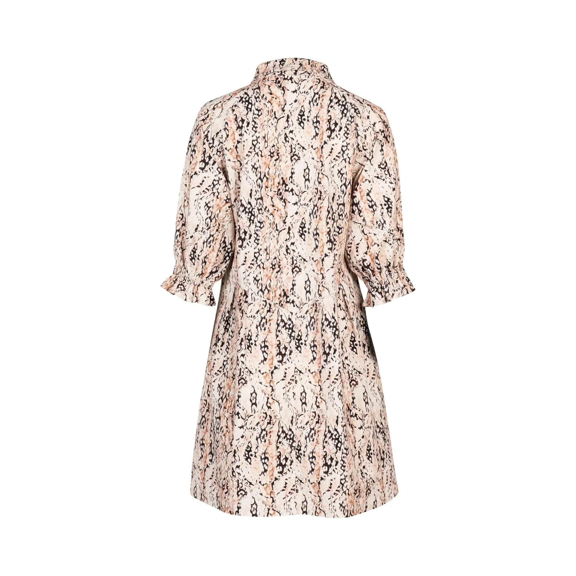 Back view of a knee-length dress with a beige and black animal print and elbow-length sleeves.