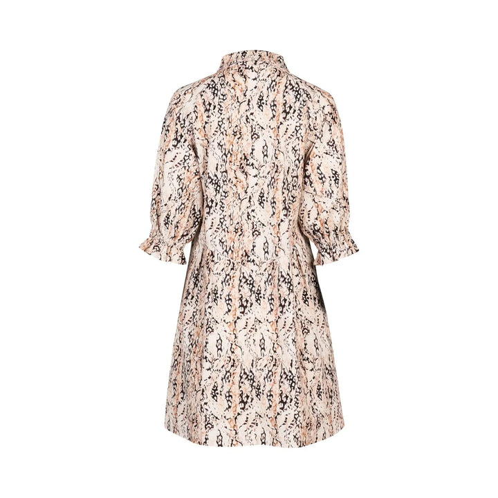 Back view of a knee-length dress with a beige and black animal print and elbow-length sleeves.