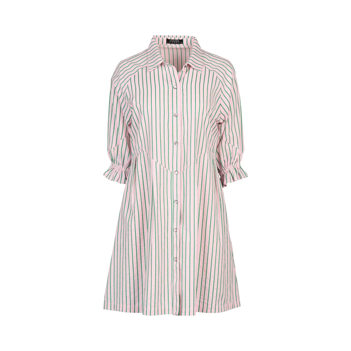 Candy apple striped shirt dress with button front and ruffled sleeves on white background
