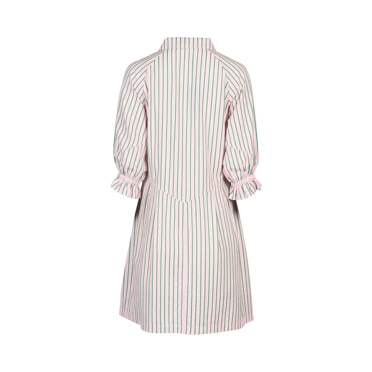 Back view of striped candy apple dress with collar and puff sleeves