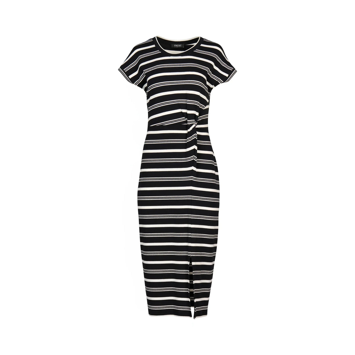 Black and white striped midi dress with short sleeves and front knot detail